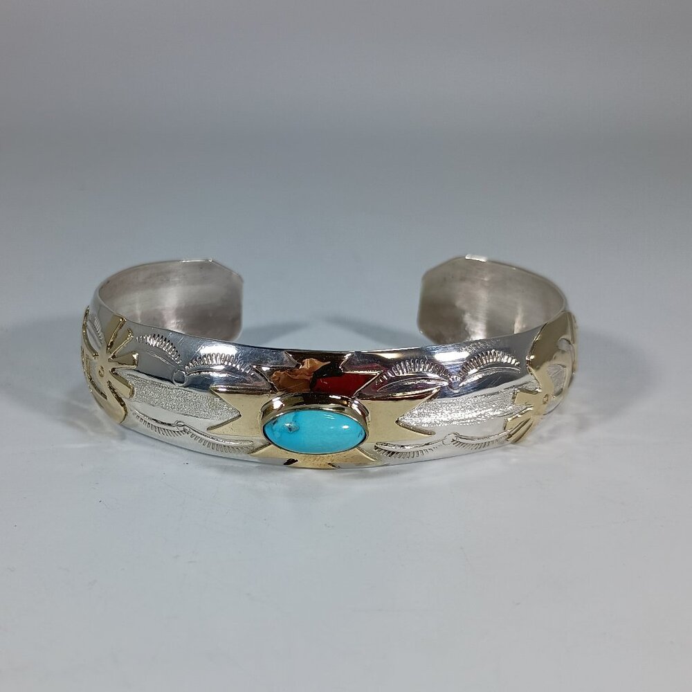 Native American Navajo Handmade Kokopelli Cuff/Bracelet Sterling Silver, 12kt GF
